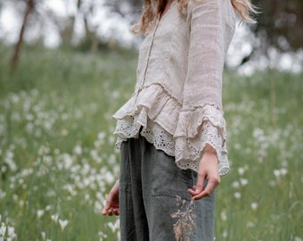 Bronte ruffled linen and lace jacket. Short linen jacket with lace and linen ruffles.