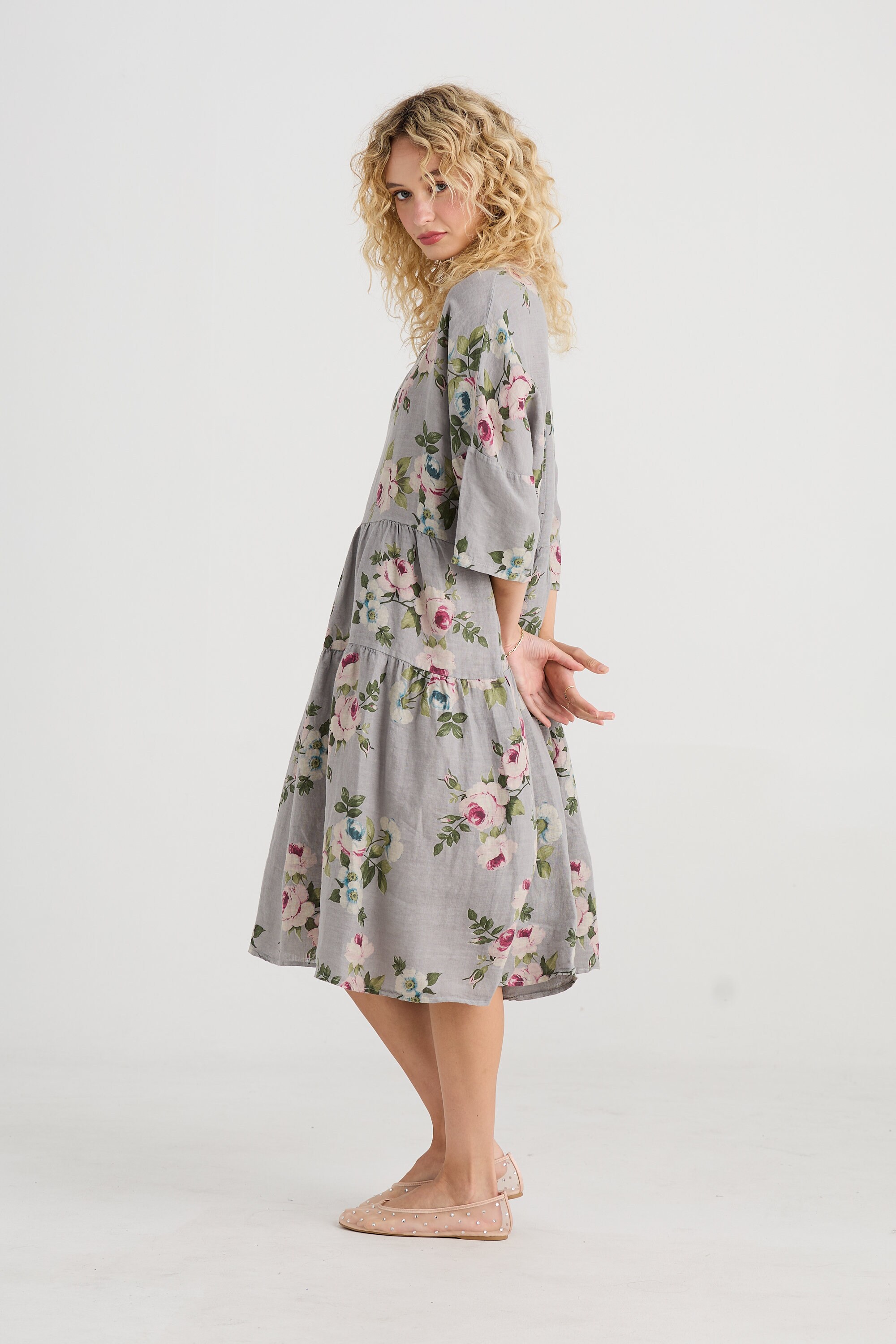 Linen Stella Dress in Ash Grey . Casual Very Full Pretty