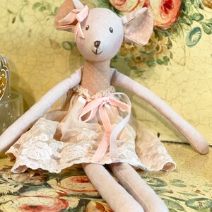 Molly Mouse handmade mouse toy with vintage lace skirt and velvet ribbon bows. First birthday and Christening gift. Handmade mouse doll.