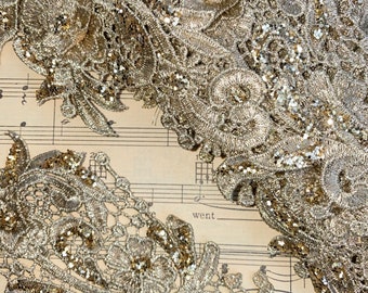 Glitter gold floral lace motif . 3 motifs in gold glittered lace . Metallic gold motif