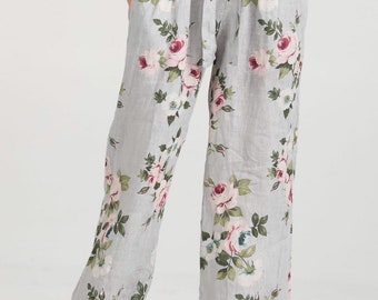 Eva linen floral pants in Dove grey italian linen. Made in italy floral linen trousers in pale grey. Casual linen pants.