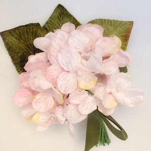 May include: A bouquet of pink velvet hydrangeas with green velvet leaves and a green ribbon.