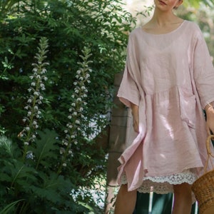 Clarissa linen dress. Pale blush pink linen dress. oversize linen dress. one size beautiful pink linen dress. image 6