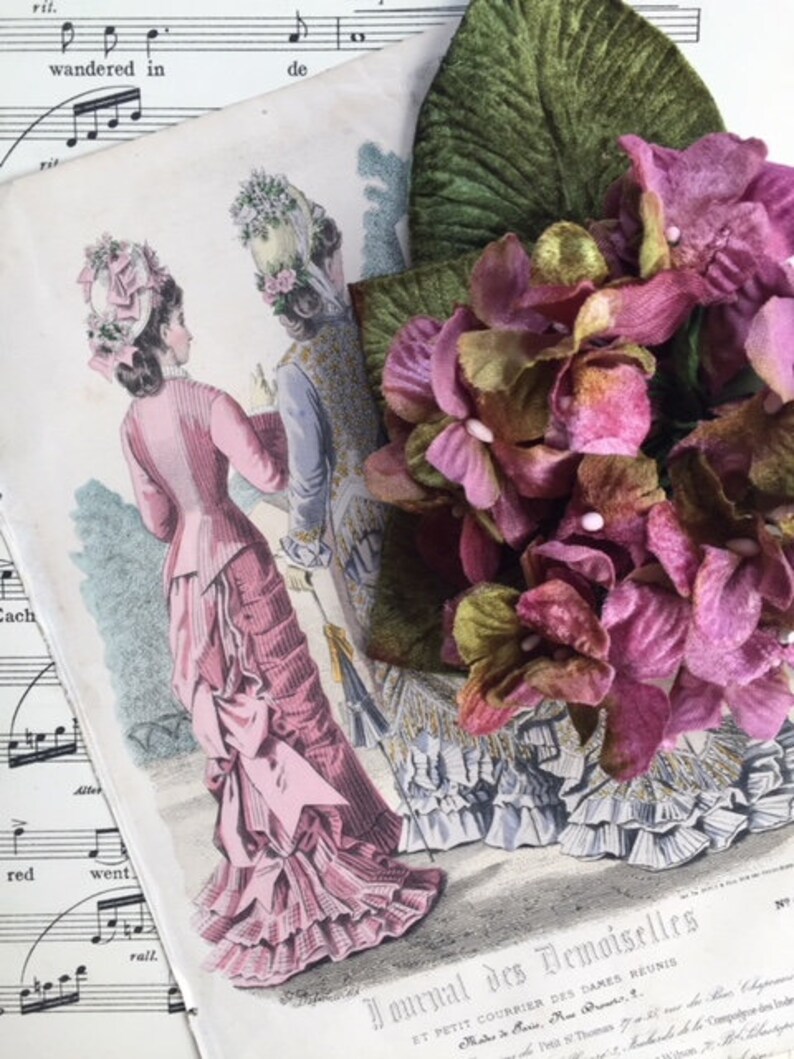 May include: A vintage illustration of two women in elaborate dresses from the 1800s. The women are wearing large hats and are standing in a garden setting. The illustration is printed on a sheet of paper with music notes and the text "Journal des Demoiselles" and "ET PETIT COURRIER DES DAMES REUNIS".