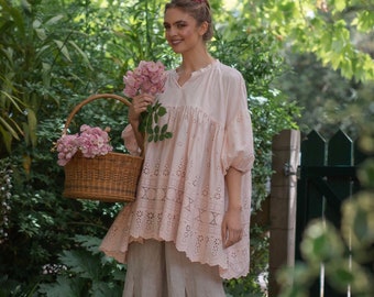 Pink French lace smock . Lace dress . Lace top . Vintage lace smock