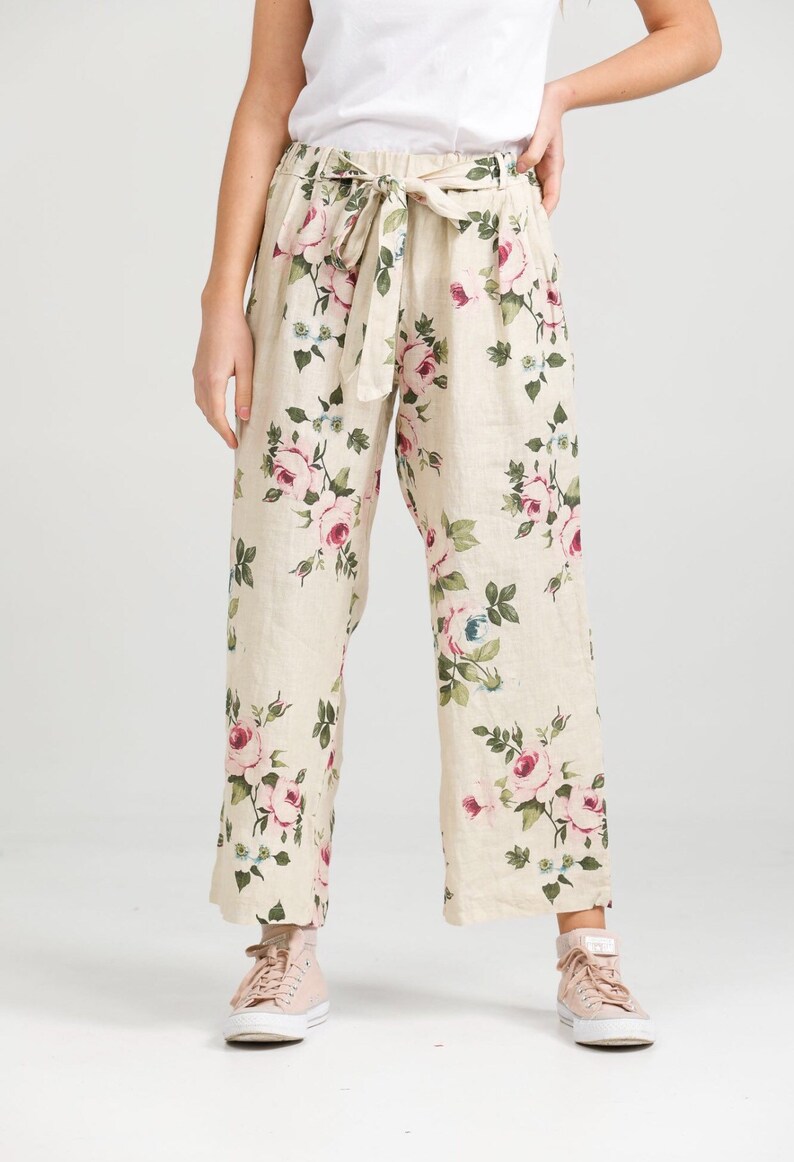 Linen trousers . Floral linen pants . Floral Eva pants by Miss Etsy