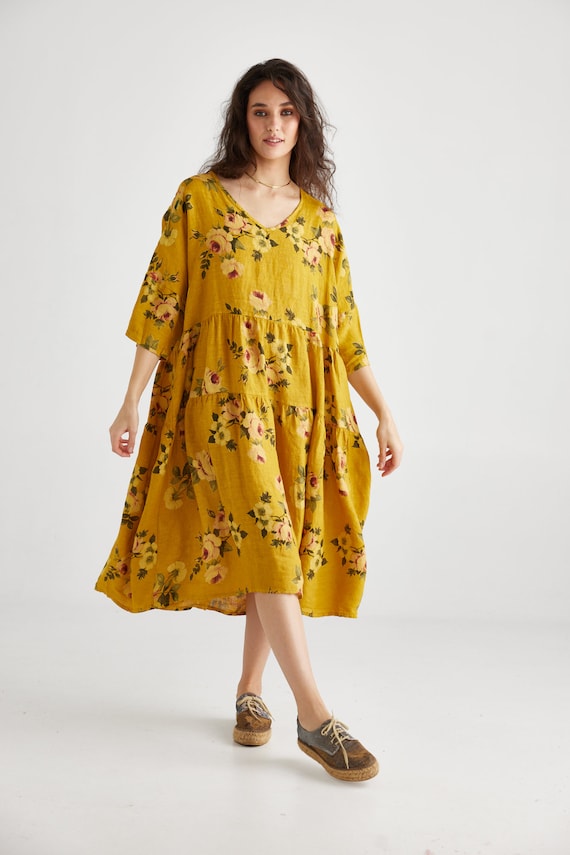 Stella Floral Rose Linen Dress in Sunflower. Tiered One-size Linen Floral  Dress in Yellow Roses. Plus Size Linen Floral Dress. - Etsy Ireland