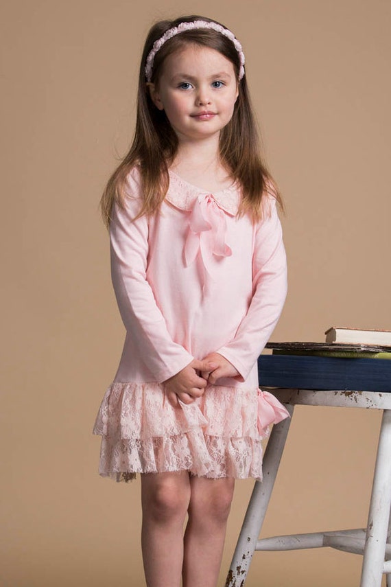 Pink Cotton & Lace Dress, Peachy Vintage Ribbon Bows