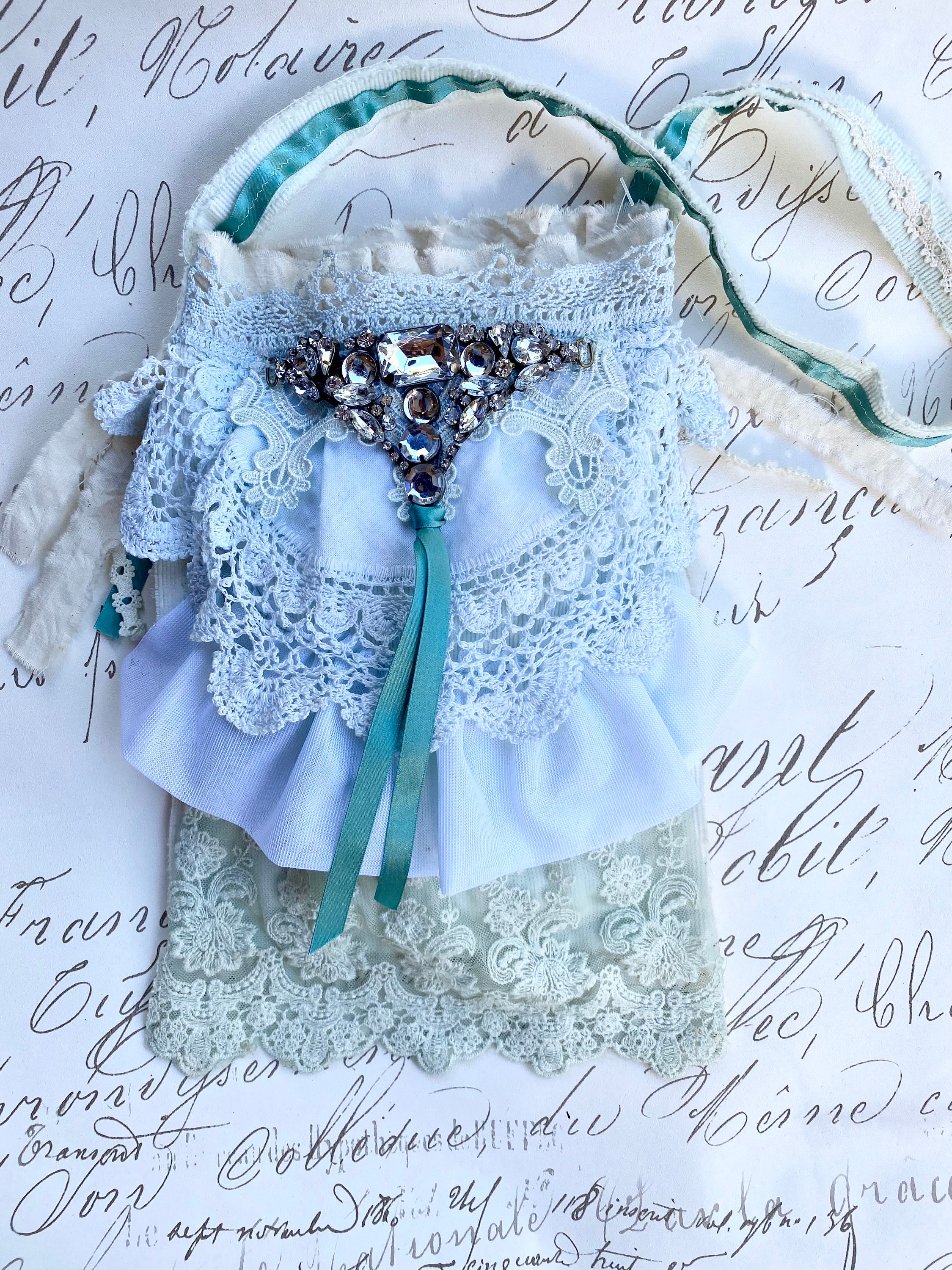 Vintage Blue embellished shoulder bag . Lace and rhinestone decorative shabby chic shoulder purse for wearing or hanging on a wall.