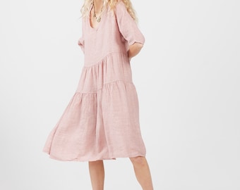 Linen Stella dress in Antique Rose. Casual pretty linen dress in Pink.