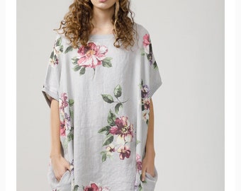 Linen Rosabella dress. Linen top . Floral Italian linen dress . Classic linen clothing .