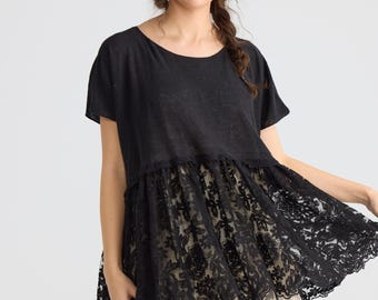 lillibelle lace and cotton top . romantic lace and cotton women’s top. Oversize lace top in black.
