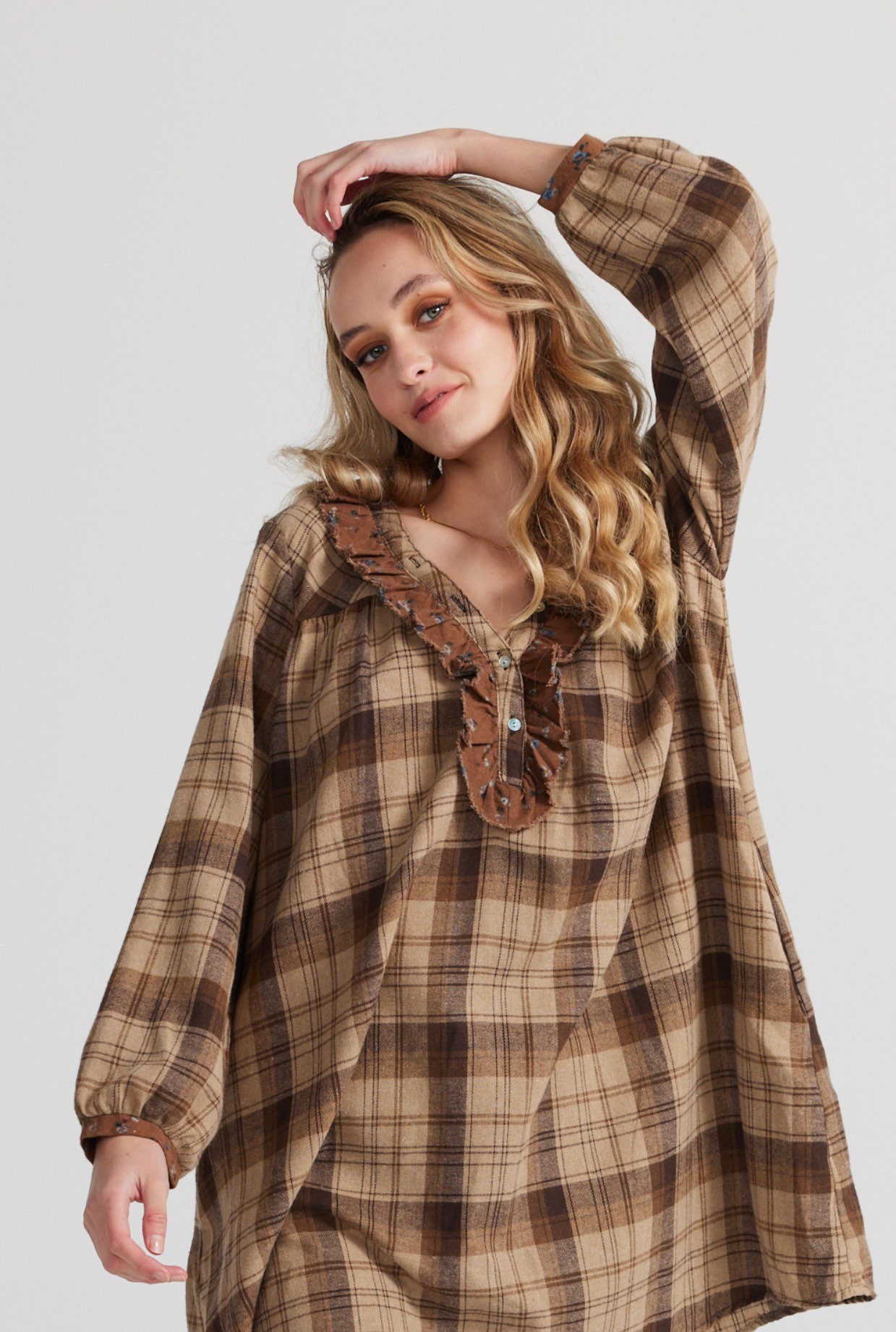 Chelsea Plaid Dress in Milk Chocolate With Floral Ruffle and Trim
