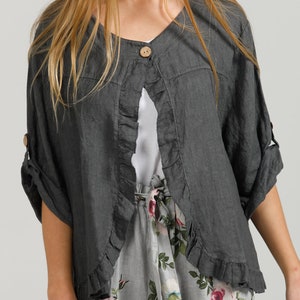 Fifi linen jacket .linen ruffled jacket. Charcoal linen short jacket with ruffles.