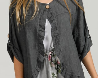 Fifi linen jacket .linen ruffled jacket. Charcoal linen short jacket with ruffles.