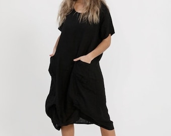 Linen ruched dress. Primavera linen dress in Ebony. black linen dress.