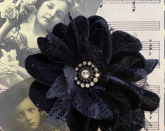 Black velvet and lace flower brooch with sparkly button center. Vintage black velvet flower and button brooch.