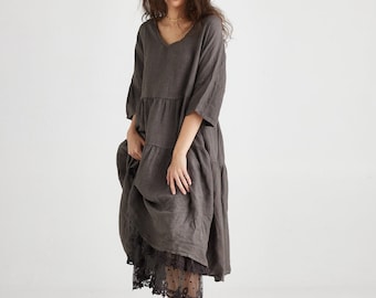 Linen Stella dress in Charcoal. Casual very full and pretty linen dress in Grey. Plus size linen dress.