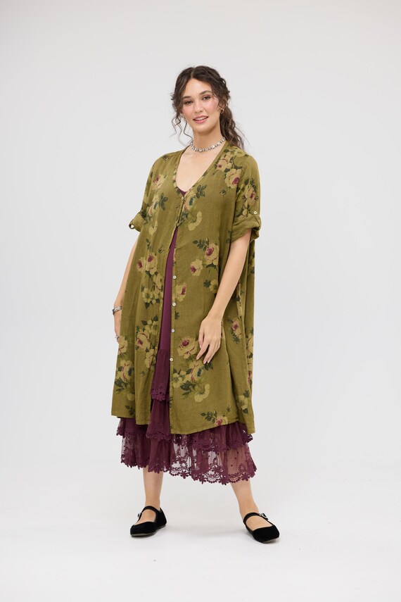 linen floral shirt dress Frank & Eileen MARY Multicolor Flowers, Italian Classic Linen Blue XL