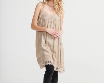 Amelie cotton slip dress in milk coffee . Sweet little pintucked cotton and lace dress .