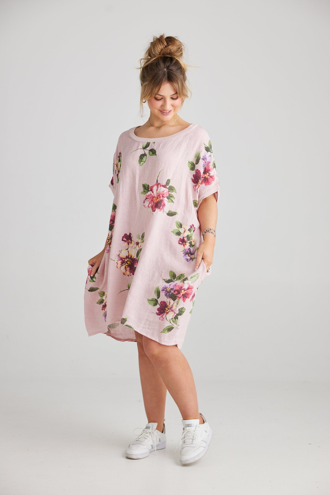Pink Linen Look Dress w/ Flowers main image 1