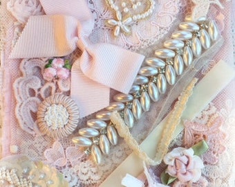 embellishment pack. treasures and embellishments. collection of hand dyed, hand beaded, vintage and antique trims, laces . pale pink cream
