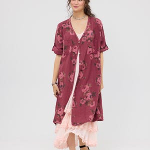 Linen coatdress in Burgundy rose floral. Casual button up dress that can be worn as a duster or as a dress.