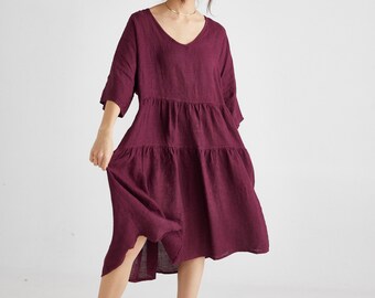 Linen Stella dress in Bordeaux . Casual pretty linen dress in Burgundy