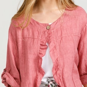 Fifi Ruffled jacket. Ruffled frill linen jacket in Raspberry pink.