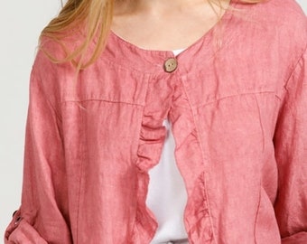 Fifi Ruffled jacket. Ruffled frill linen jacket in Raspberry pink.