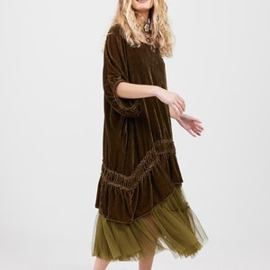 Robe Mini Free People Crème/or/olive Velours Smockée Motif Oiseau - Taille 6, Occasion Très Bon état