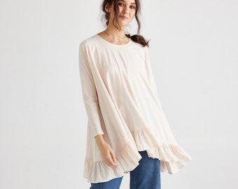 Ruffle top . Ruby ruffle top . Cotton T-shirt top . Ladies ruffle top . Women’s cotton ruffle top in blush