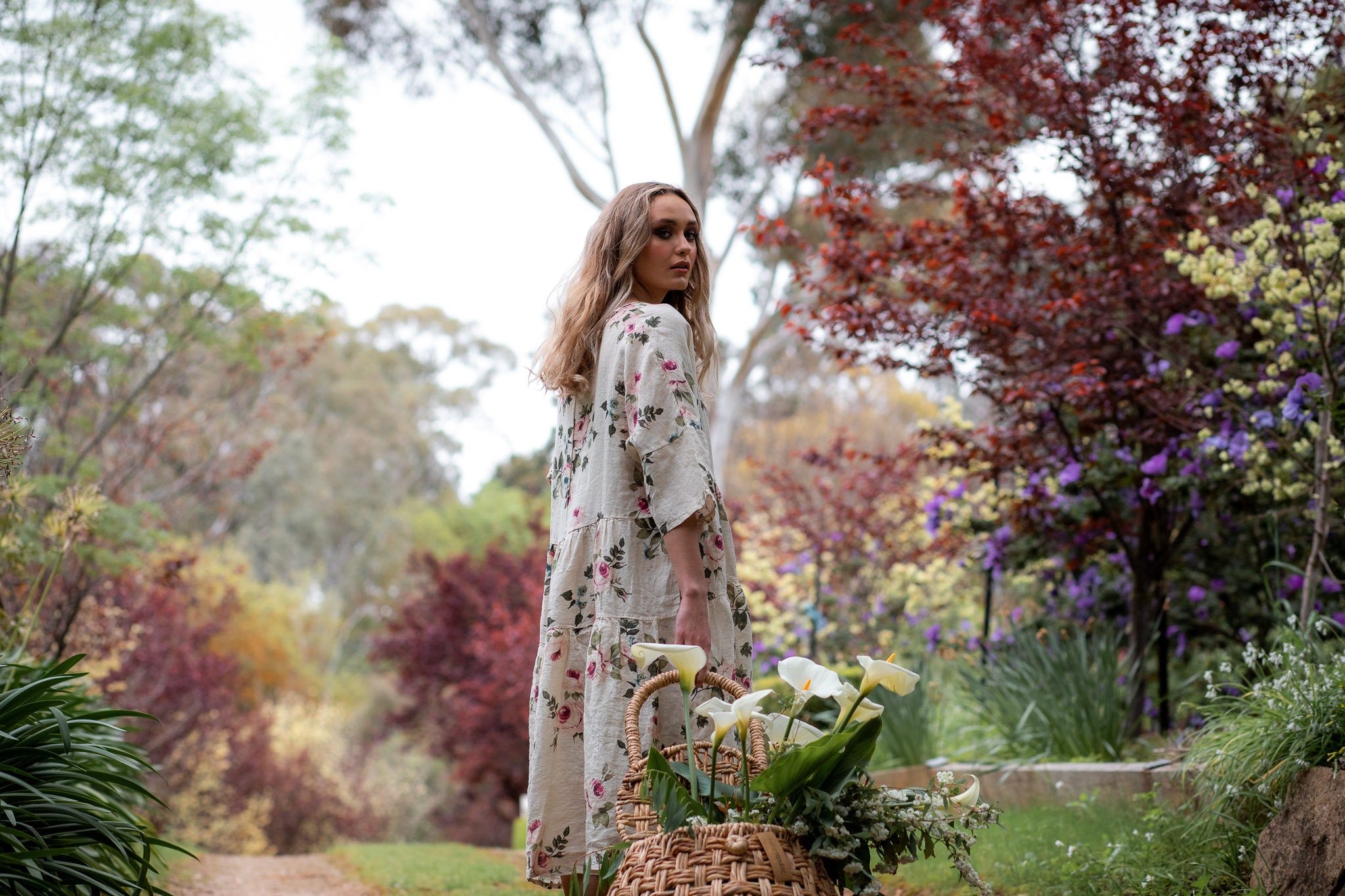 Stella Linen Dress in Cream Floral Rose. Beautiful Flowing Loose- Fitting Dress.. .Floral Linen Dress