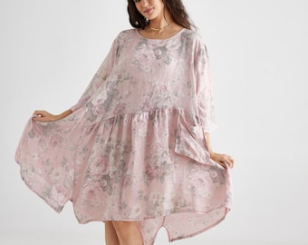 Clarissa linen floral dress in oversize style. Floral linen dress in vintage faded rose in beautiful pale pink
