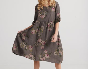 Audrey Babydoll style linen dress in Charcoal. Pretty rose printed dress in Grey.