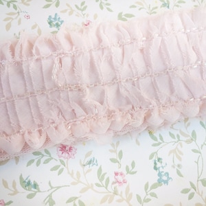 May include: Pink ruffled trim with a row of small white beads. The trim is made of a soft, delicate fabric and has a slightly frayed edge.