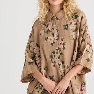 Teddie floral linen oversize shirt. linen jacket. floral linen shirt in Cafe Au Lait. Plus size linen shirt
