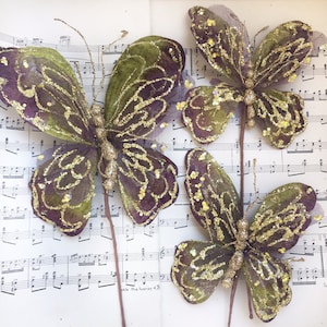 velvet butterflies. butterfly wand. glittered velvet butterflies. millinery supply. vintage millinery. scrapbooking butterflies.