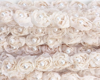 pearl rosebud trim. pearls and roses ribbon trim. embellishing trim. pearl wedding trim. Scrapbooking trim .fabric snippets trim .
