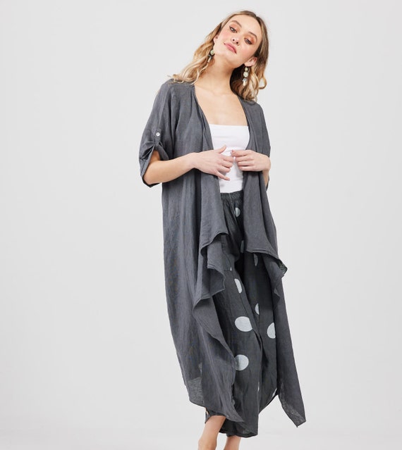 Sabine Linen Duster Coat. Miss Rose Sister Violet Linen Duster