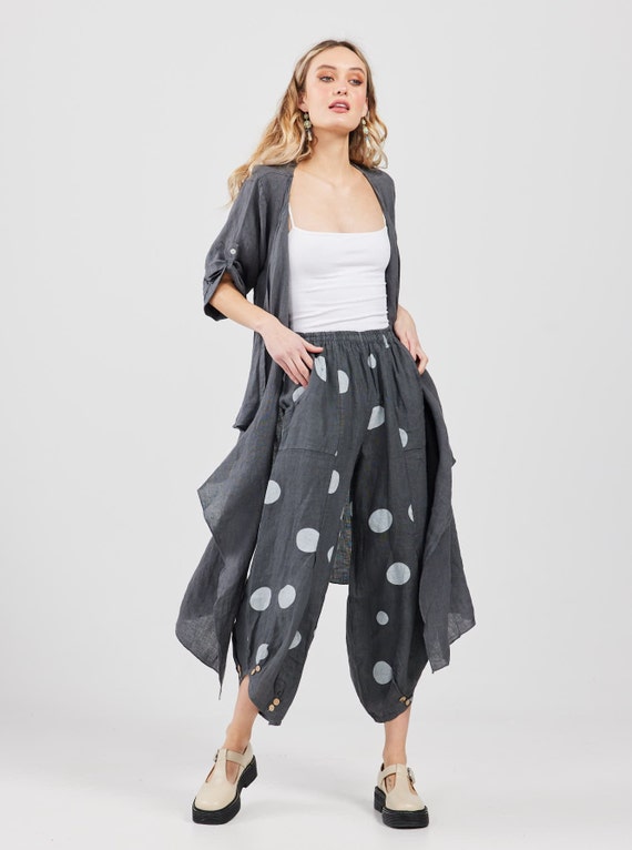 Lulu Linen Pants Charcoal Polka Dot. Harem Pants. Casual