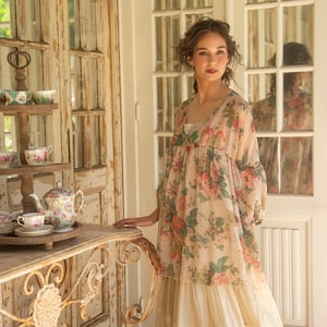 Floral Chiffon Blouse, Marigold Rose Print, Loose Tencel Top image 1