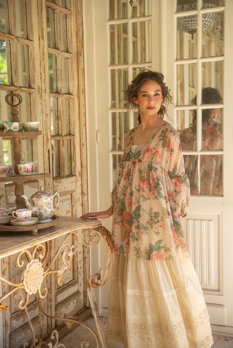 Floral Chiffon Blouse, Marigold Rose Print, Loose Tencel Top image 1