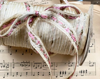 Exquisite old vintage French ribbon with embroidered flowers, pink on cream good for scrapbooking, and slow stitching.