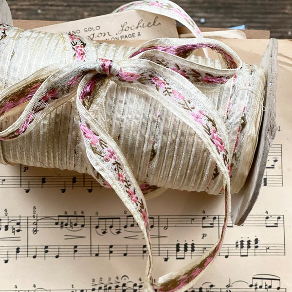 Exquisite old vintage French ribbon with embroidered flowers, pink on cream good for scrapbooking, and slow stitching.