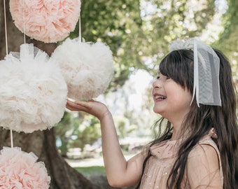 large pom pom balls. tulle pom poms. childrens room decor . wedding decor . tulle hanging pom poms . Nursery decor