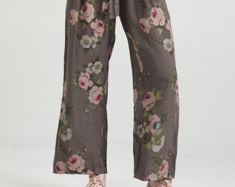 Linen trousers . Linen pants . Linen floral Eva pants by Miss Rose Sister Violet . Linen floral pants in charcoal floral .