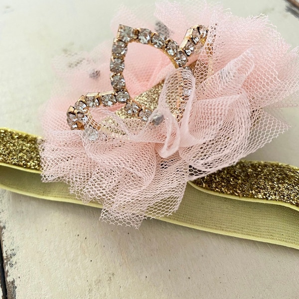 Tulle tiara crown baby-band with gold sparkly band and sweet crown tiara complete with little crystals