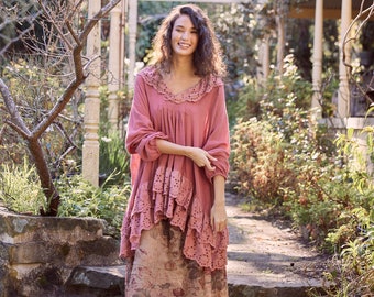 Florizel cotton blouse in Antique Rose. Flowy Romantic long lace and cotton smock top.