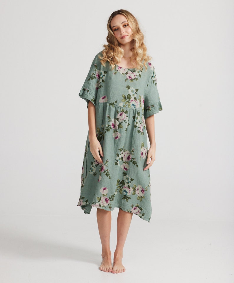sage green linen dress Maxi Dress, Minimalist Summer Summer or capital V for vacation Audrey Babydoll Style Linen Dress
